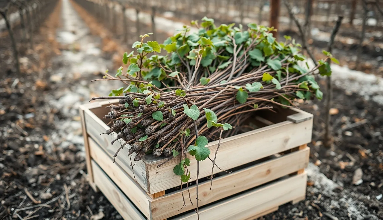 Bundled dormant grapevine cuttings in a wooden crate at a vineyard nursery at dawn