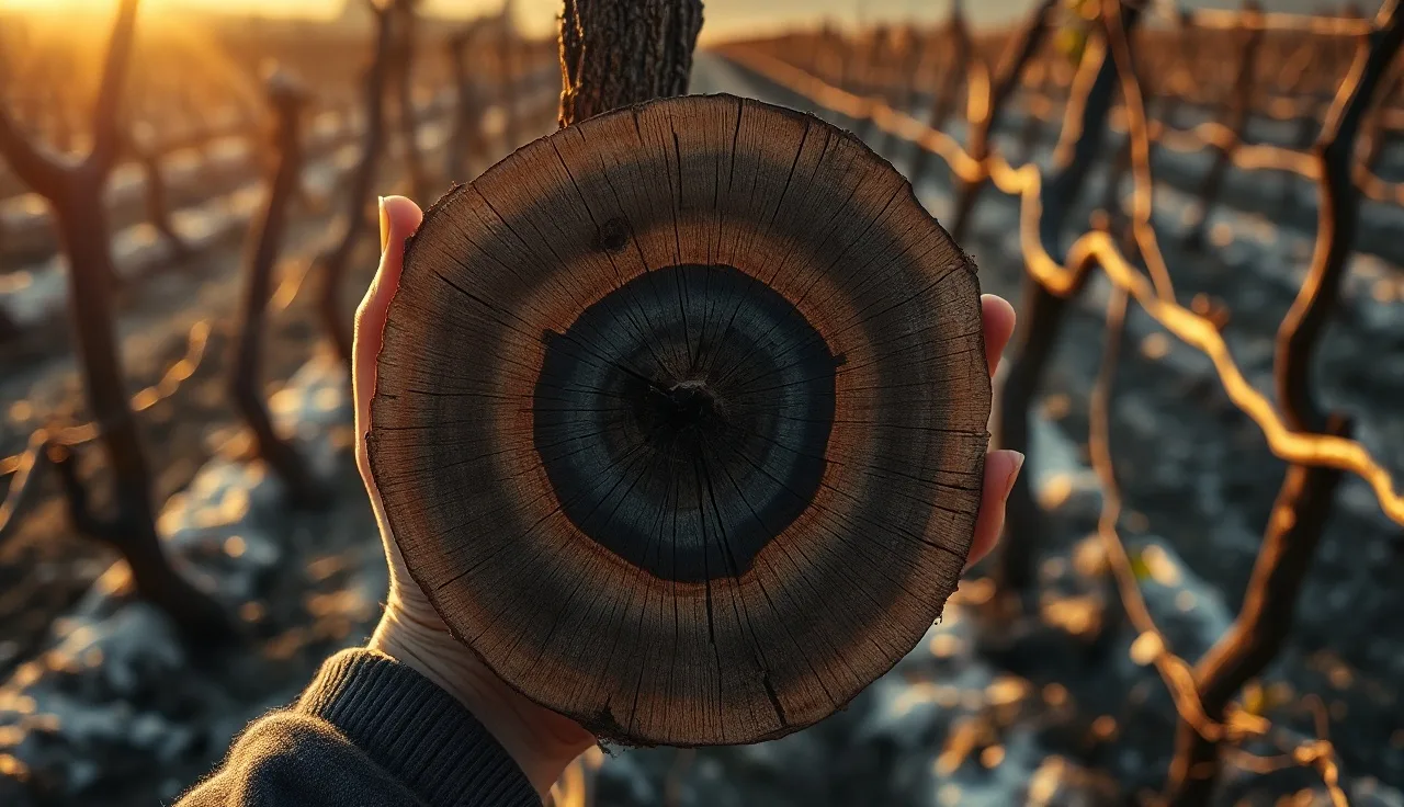 Cross-section of a grapevine trunk showing dark trunk disease necrosis in dormant vineyard