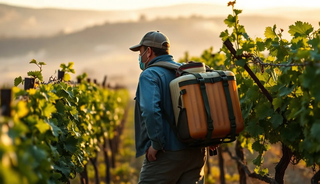Vineyard worker spraying organic fungicide on grapevines at dawn