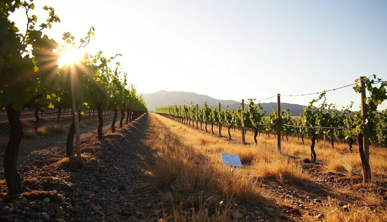 Small vineyard rows on a Southern California foothill with rocky native soil visible