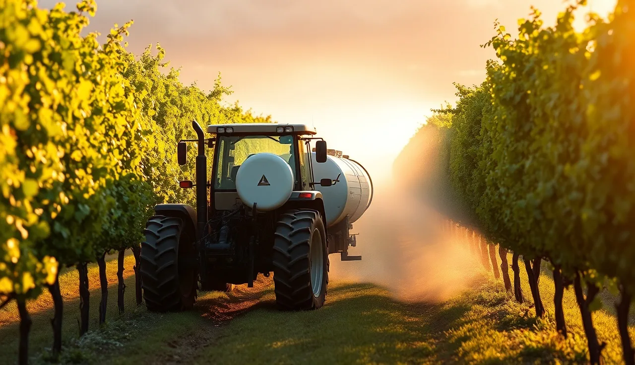 Tractor pulling airblast sprayer through vineyard rows at dawn with mist visible in canopy