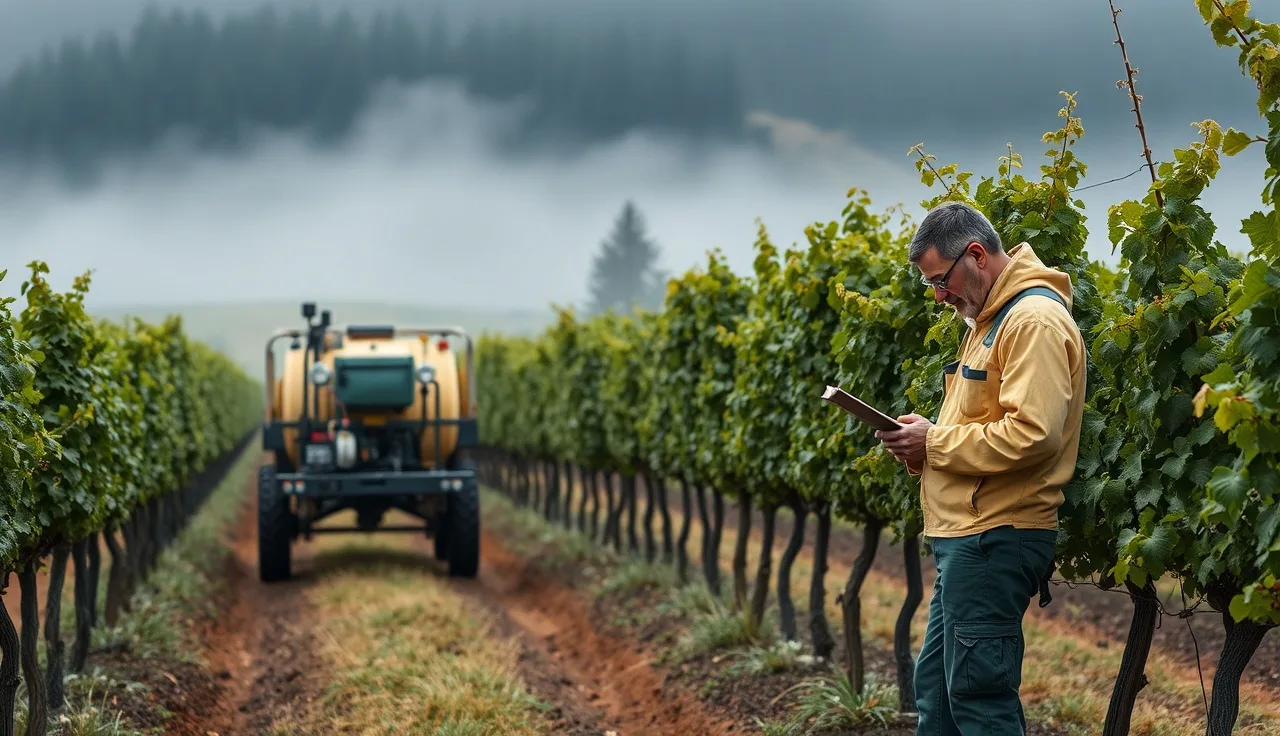 Vineyard spray rig parked in vine rows while worker records application details on clipboard