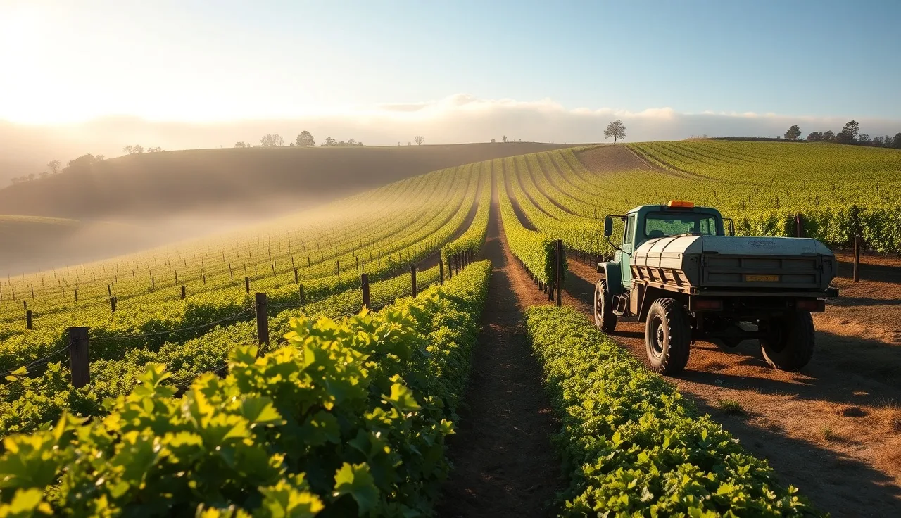 Organic vineyard rows with cover crop and sprayer at dawn in California wine country