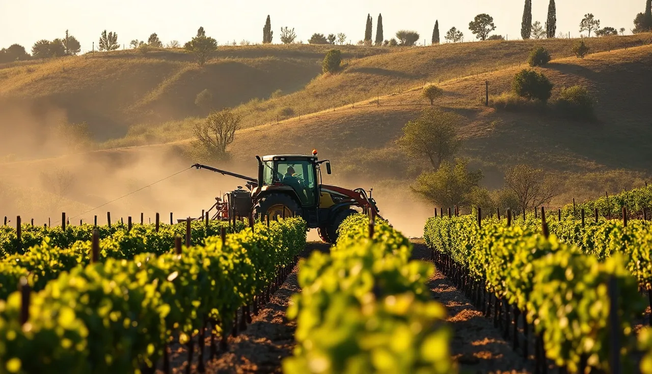 Air-blast sprayer applying organic fungicide between vine rows at sunrise in a hillside vineyard