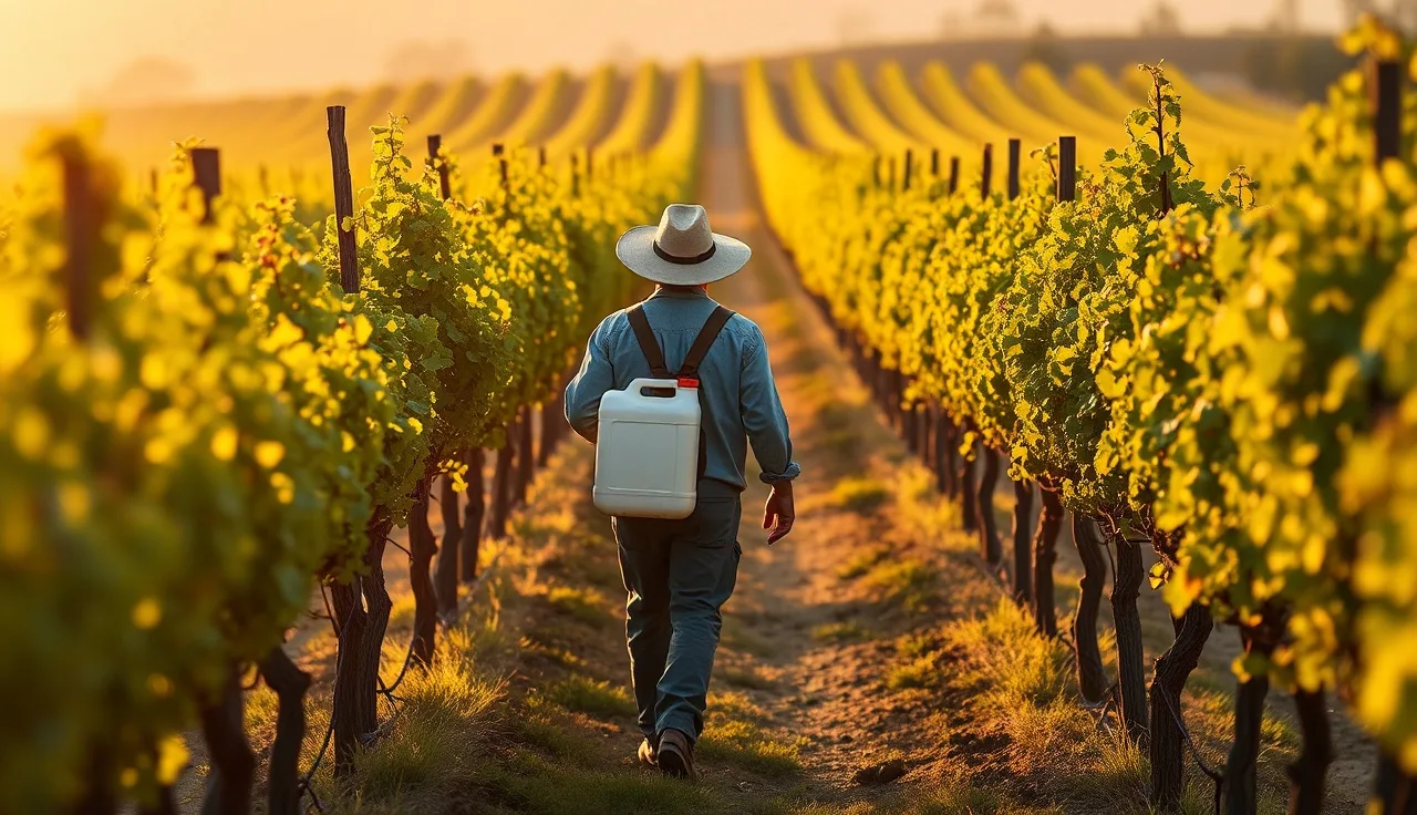 Vineyard worker carrying water jug between vine rows during morning canopy work