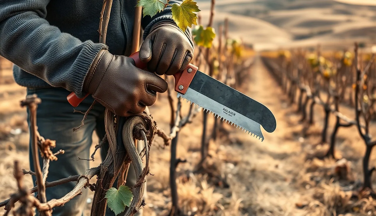 Vineyard worker pruning an overgrown grapevine cordon in a dormant winter vineyard