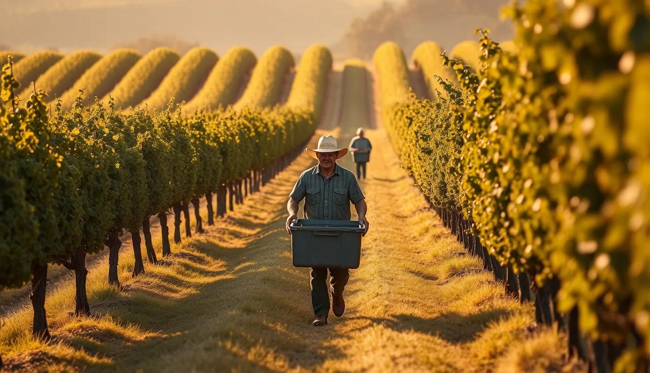 Agricultural workers harvesting grapes at sunrise in a California vineyard