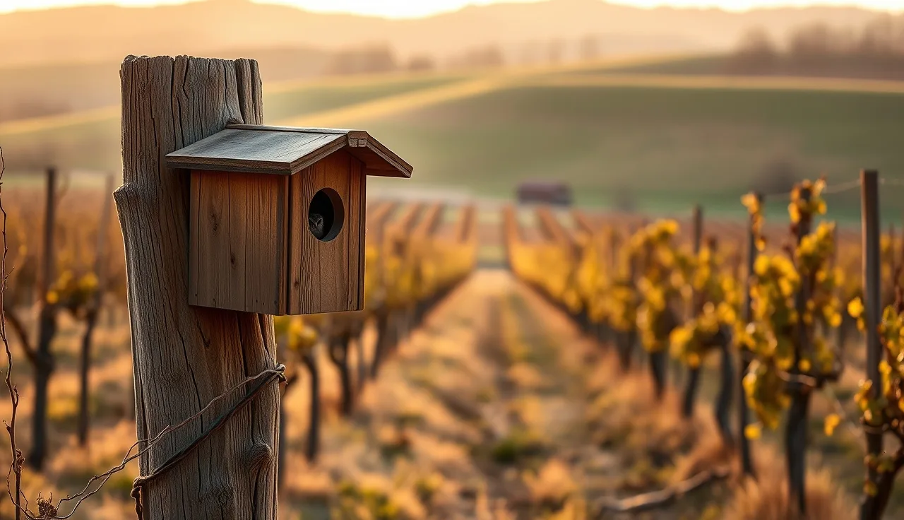Barn owl nest box on wooden post at end of dormant vineyard row