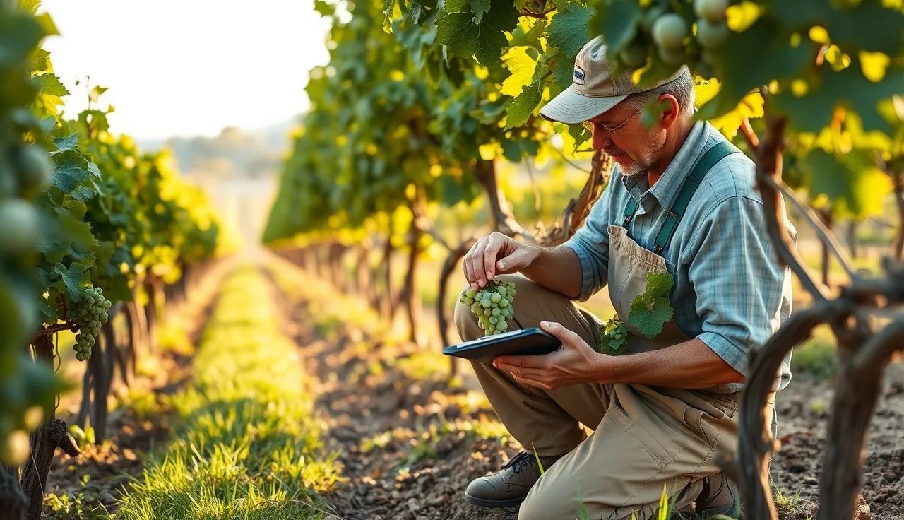 Vineyard manager inspecting grape vine foliage during a field scouting visit