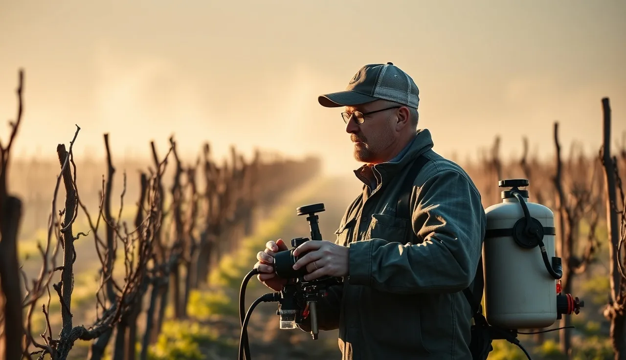 Vineyard worker calibrating an airblast sprayer among grapevine rows at dawn