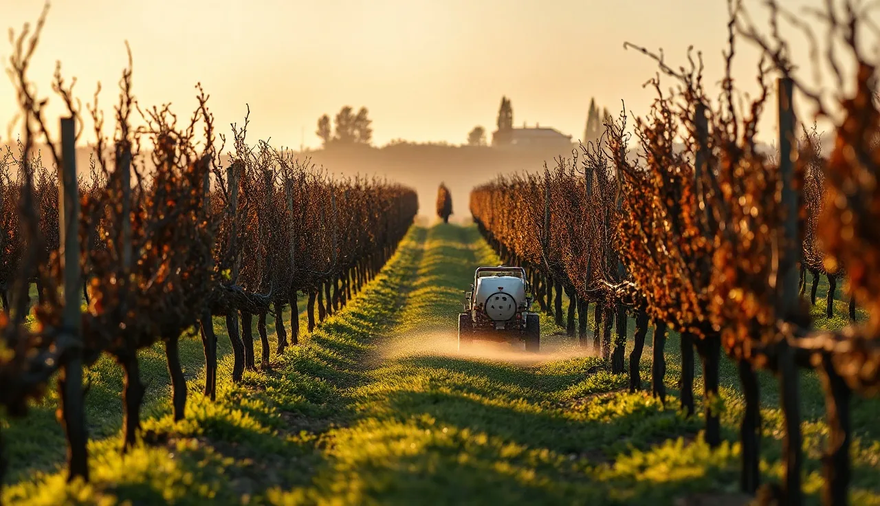 Airblast sprayer applying pesticide between dormant grapevine rows at dawn