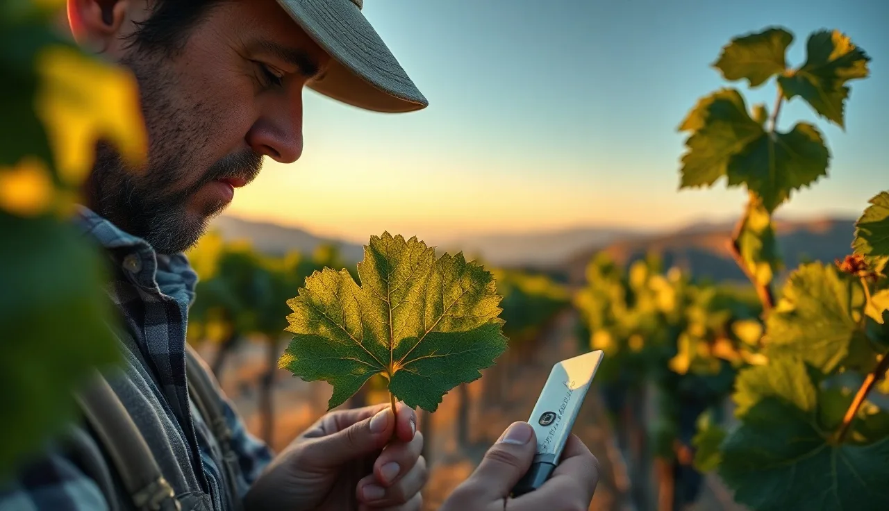 Vineyard worker examining grapevine leaf for pests and disease symptoms at dawn