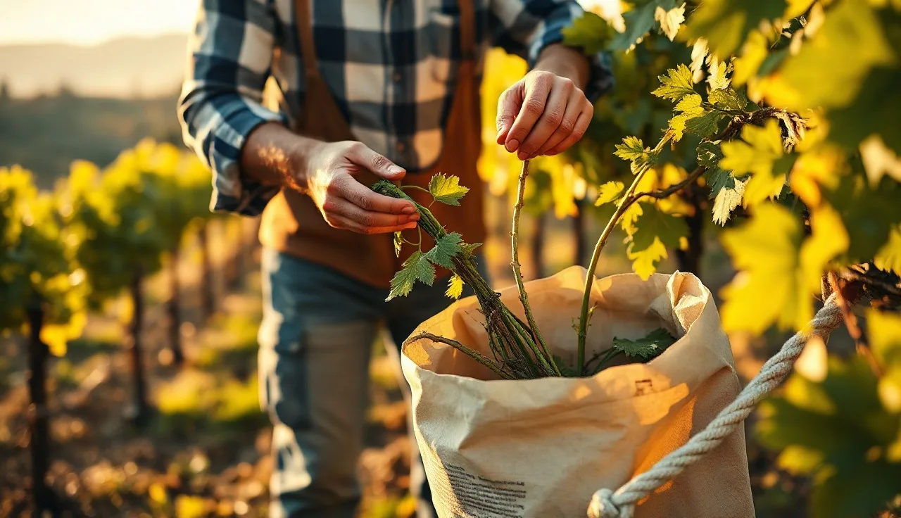 Vineyard worker collecting petiole samples from grapevine leaves into a paper bag