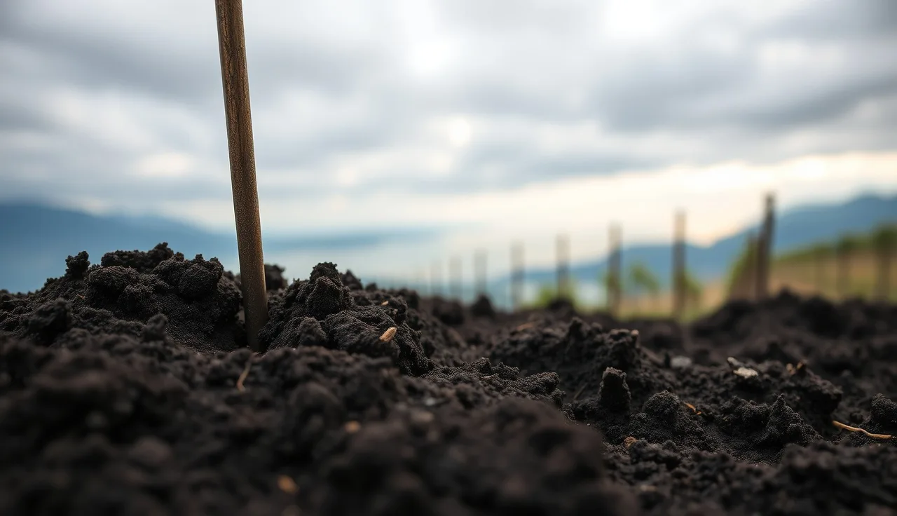 Soil profile in a Geneva vineyard showing clay layers and vine roots at depth
