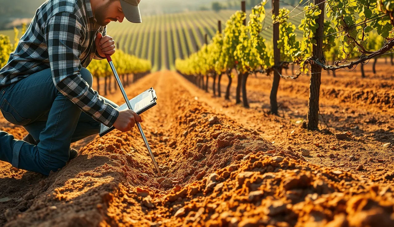 Vineyard worker collecting soil core samples between grapevine rows for pH testing