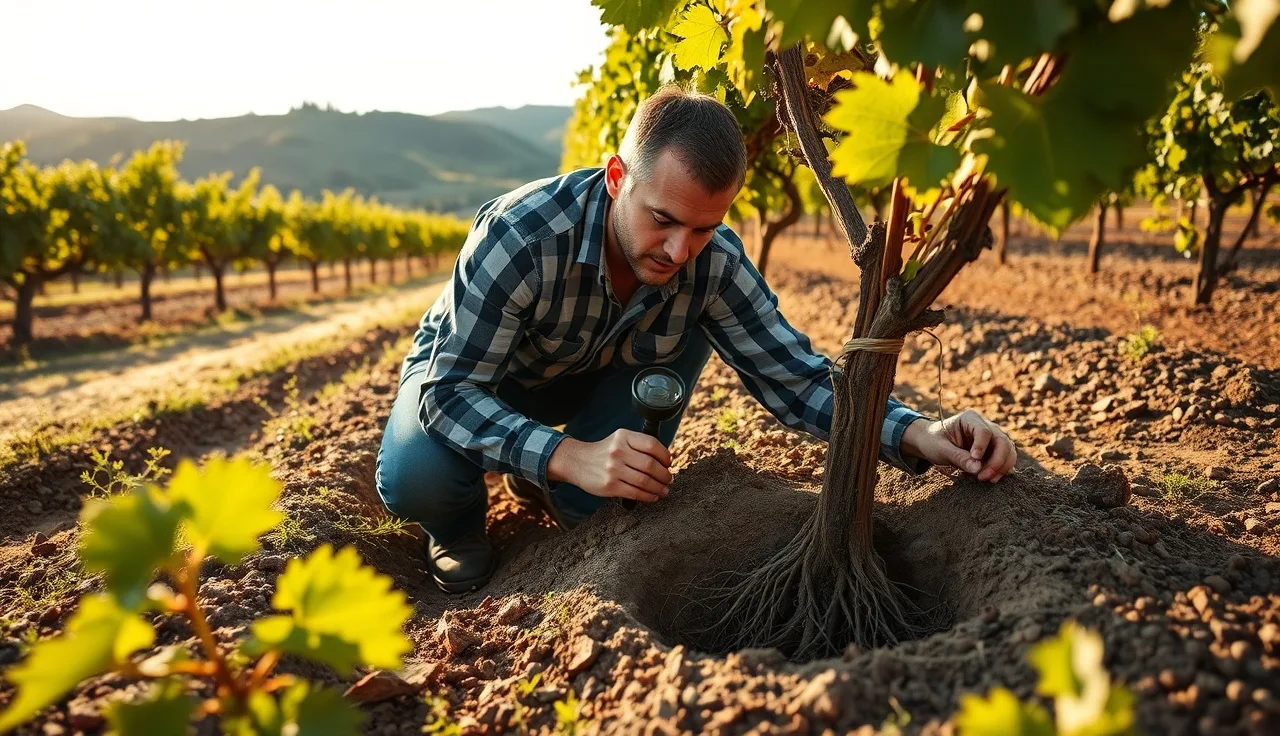 Vineyard worker examining grapevine roots in a shallow excavation hole for phylloxera signs