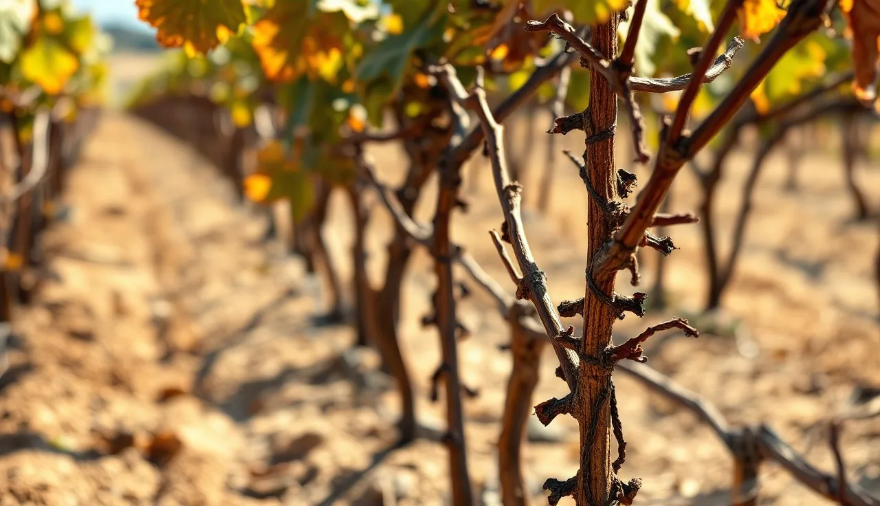 Scorched grapevine leaves with attached petioles, a field sign of Pierce's disease