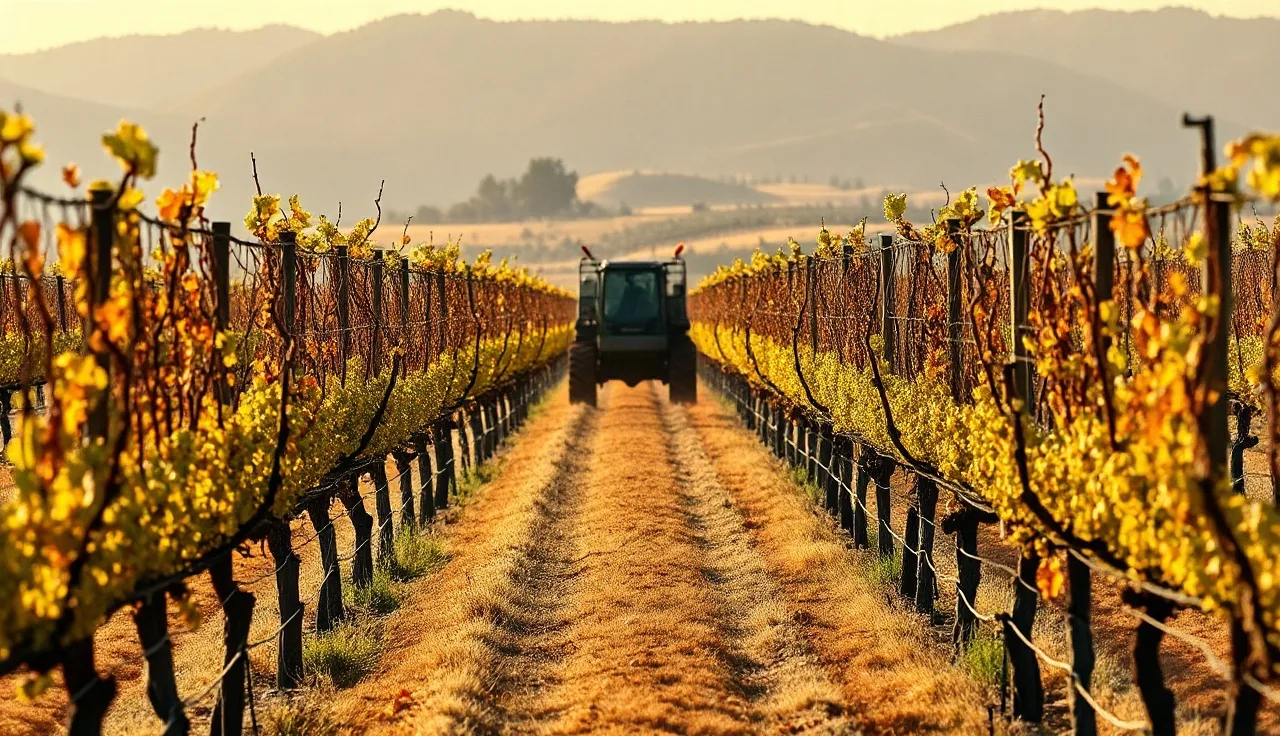 Airblast sprayer moving through a post-harvest vineyard with yellowing grapevine canopy