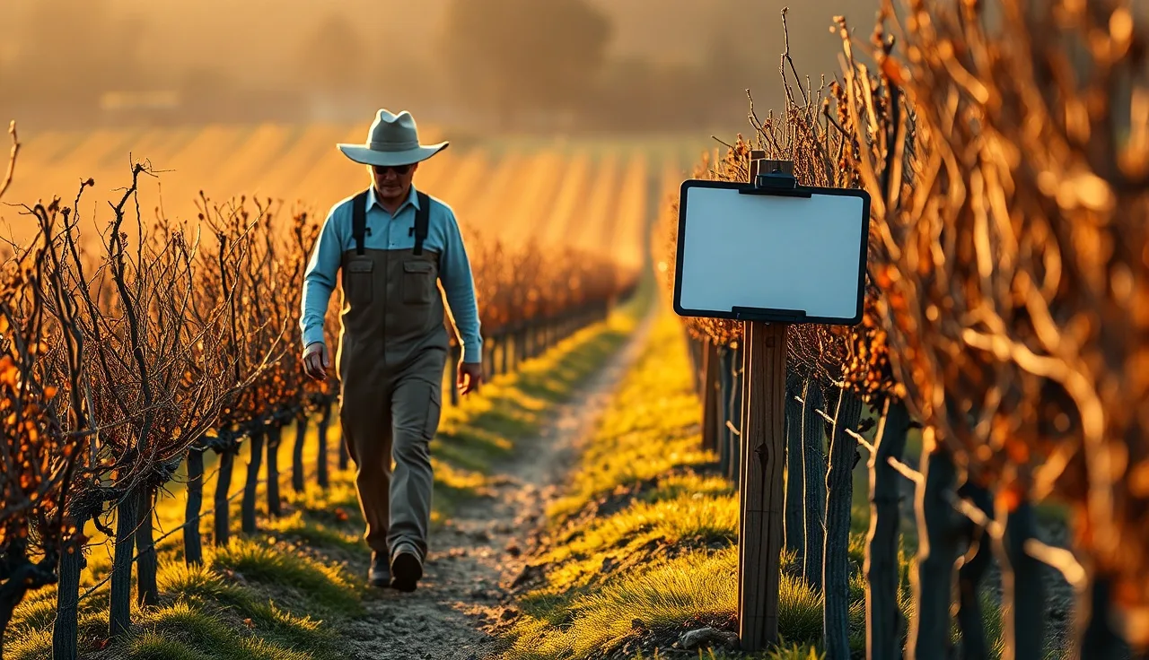 Vineyard worker approaching a field entry point sign mounted on a stake at row end