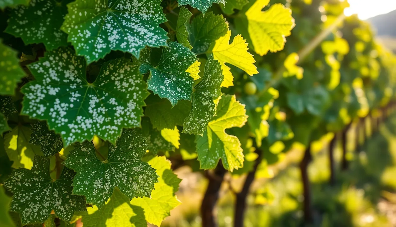 Grape vine leaves showing white powdery mildew colonies in a vineyard row