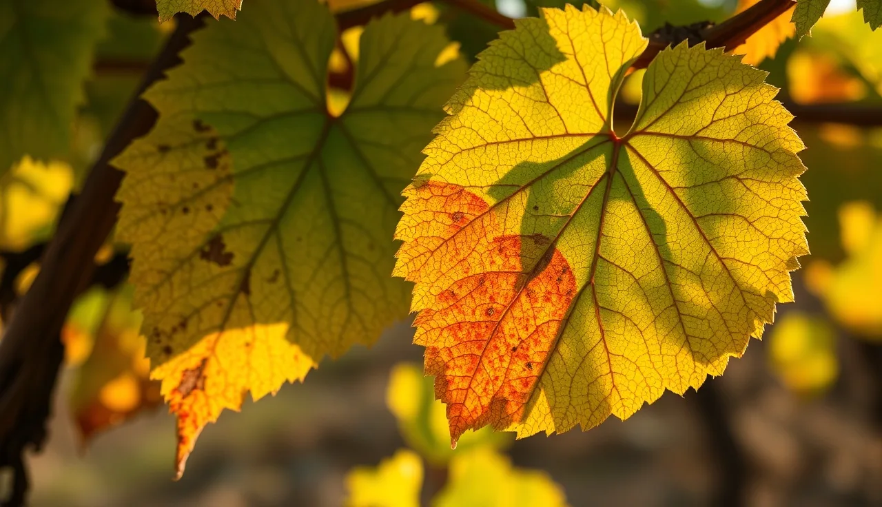 Grapevine leaves side by side showing potassium margin scorch and magnesium interveinal chlorosis
