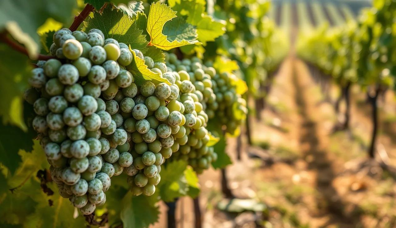 White powdery mildew coating grape clusters and leaves in a vineyard row