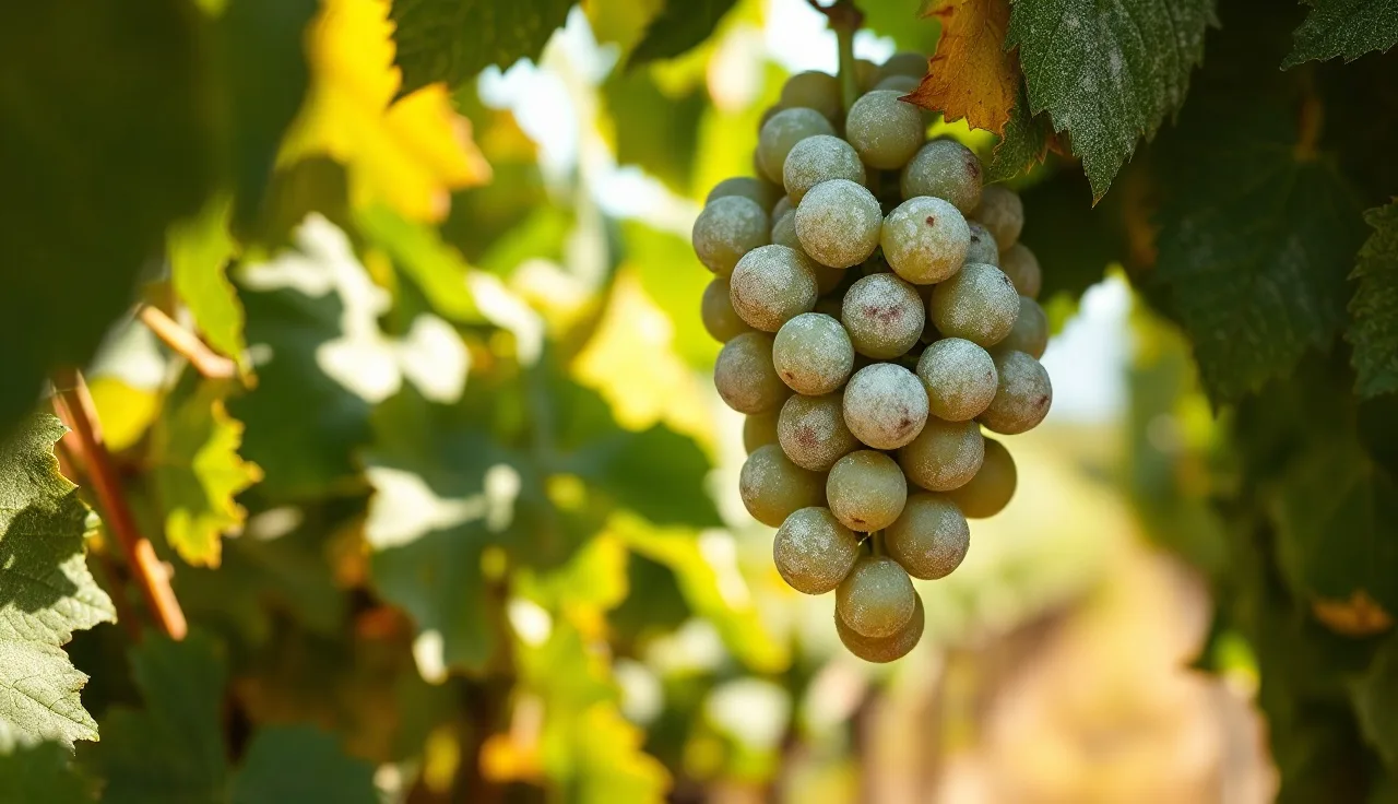 Powdery mildew coating visible on grape cluster and leaves in vineyard canopy