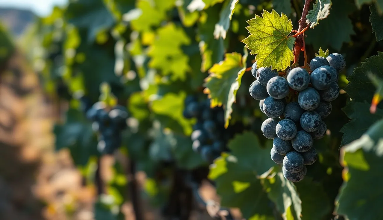White powdery mildew colonies on grape leaves and cluster in a vineyard row
