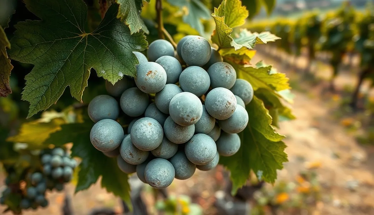 Powdery mildew fungal coating on a grapevine cluster and leaves in a vineyard
