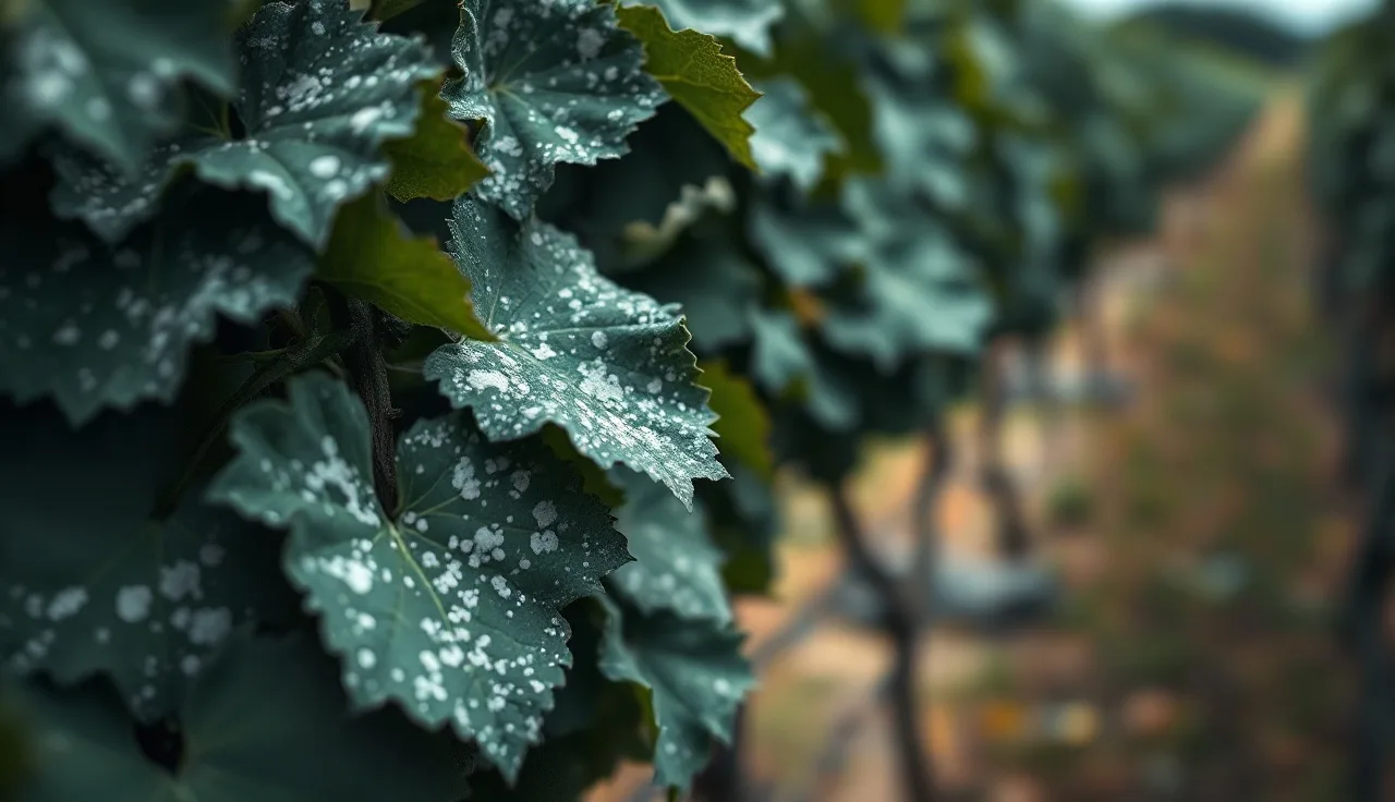 White powdery mildew colonies on grapevine leaves in a Pacific Northwest vineyard