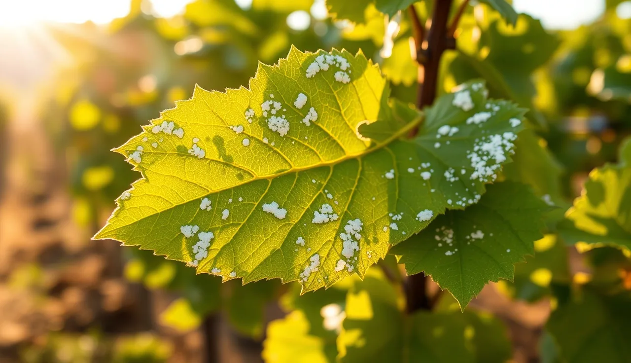 White powdery mildew colonies on young grapevine leaves in a California vineyard