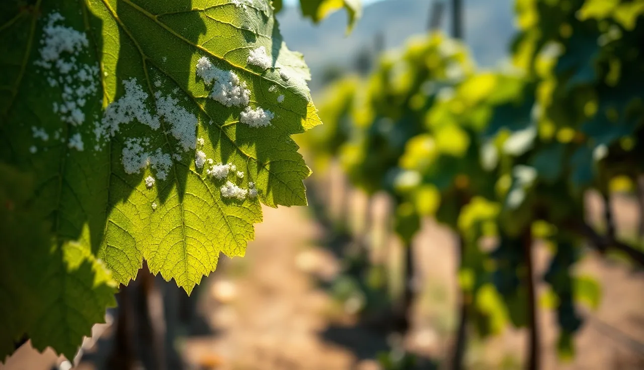White powdery mildew coating on an upper grapevine leaf surface in a vineyard