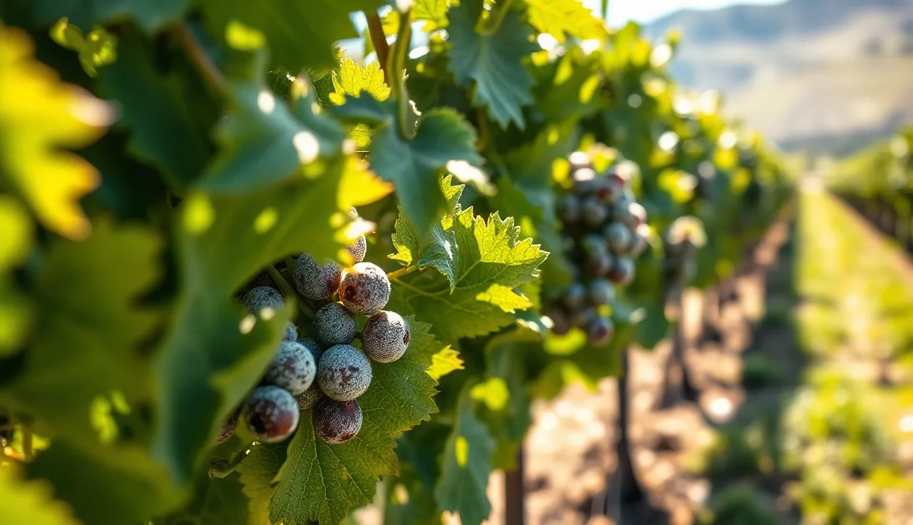 White powdery mildew colonies on green grapevine leaves and cluster zone in morning light