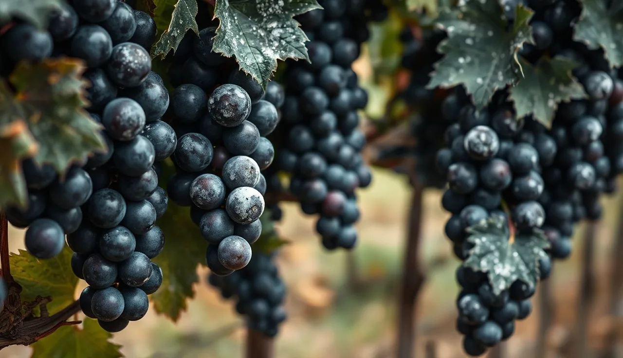 White powdery mildew coating on Pinot Noir grape clusters in an Oregon vineyard