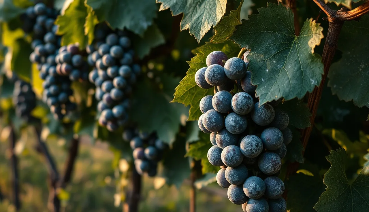 White powdery mildew growth on wine grape clusters and leaves in a vineyard row