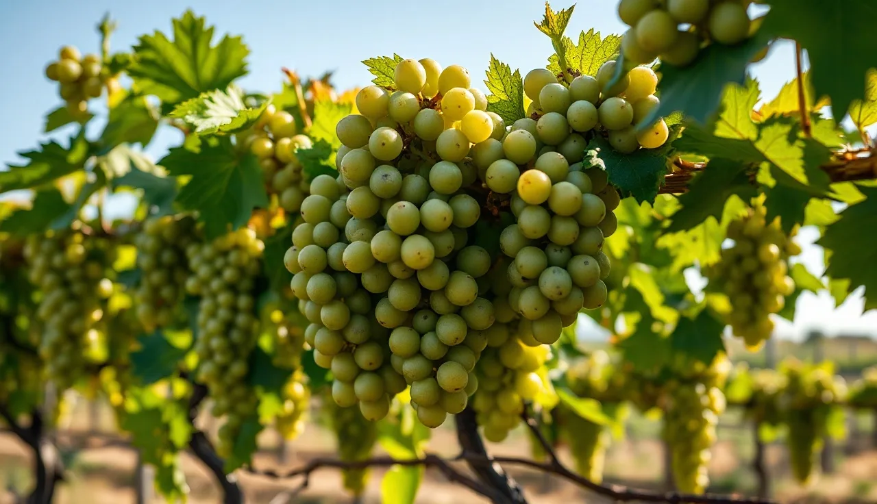 Healthy green wine grape clusters on an open-canopy vine row with no powdery mildew