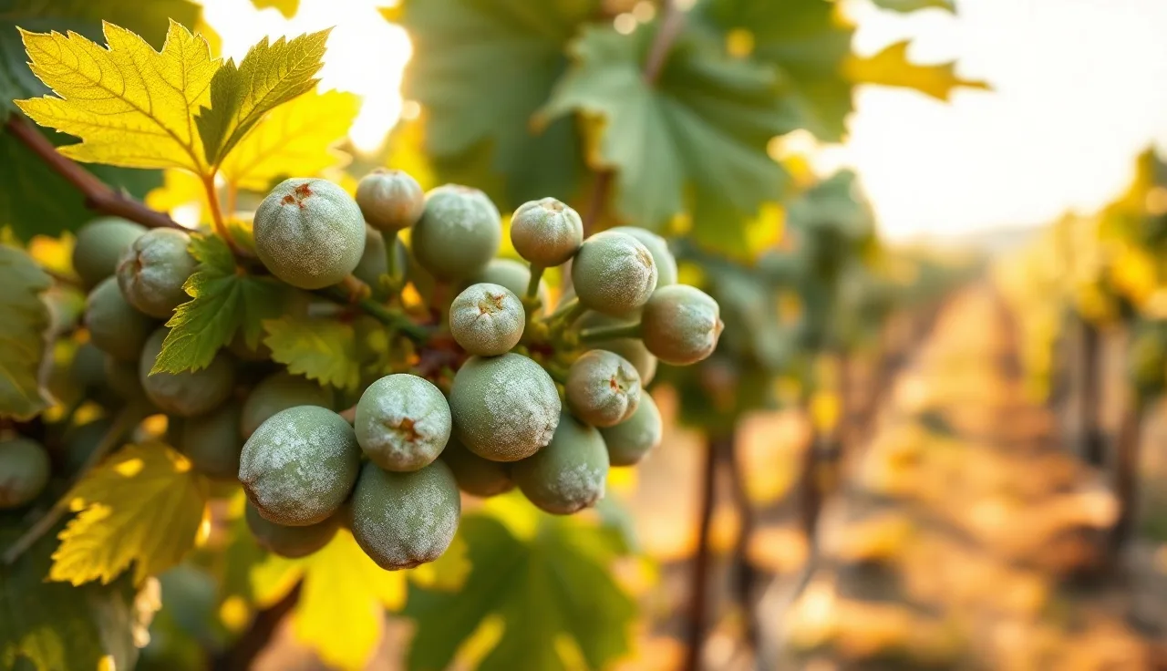 White powdery mildew growth on grapevine shoot and young berries in a vineyard