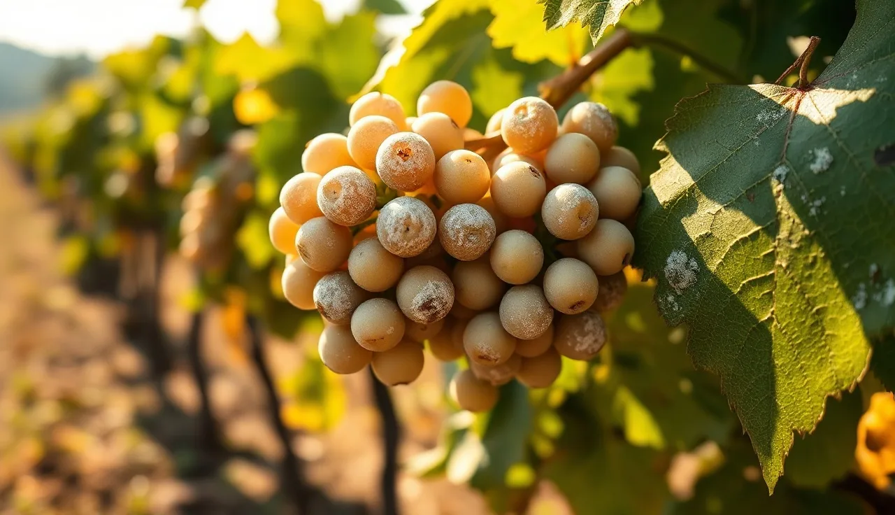 White powdery mildew coating on a grape cluster and leaf in a vineyard