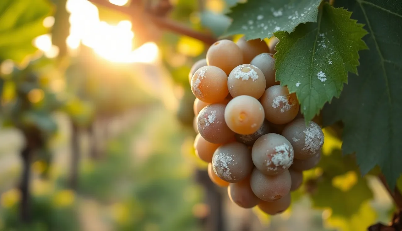 White powdery mildew colonies on young grapevine berries and leaf tissue