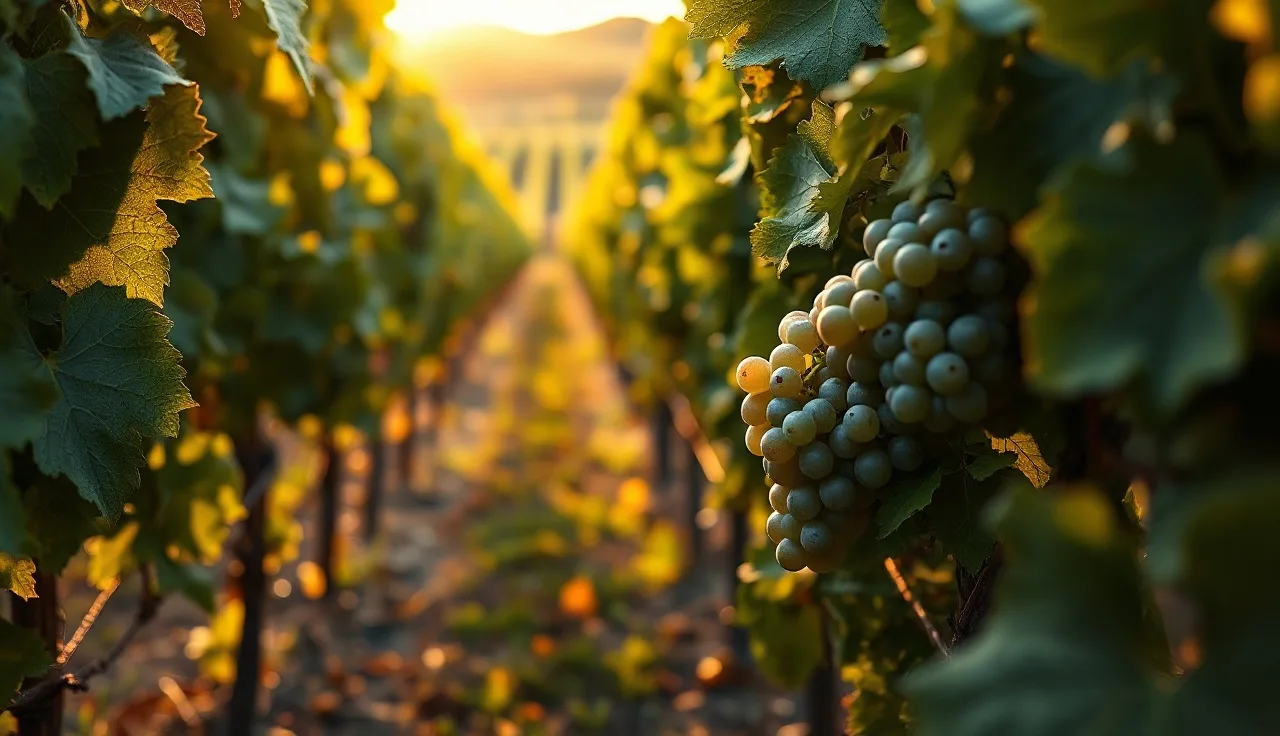Healthy grapevine leaves and grape clusters in a vineyard at golden hour