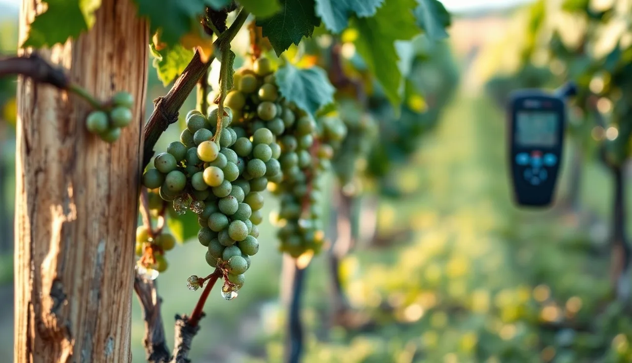 Dew-covered grapevine shoot tips and clusters at dawn with a weather sensor in vineyard