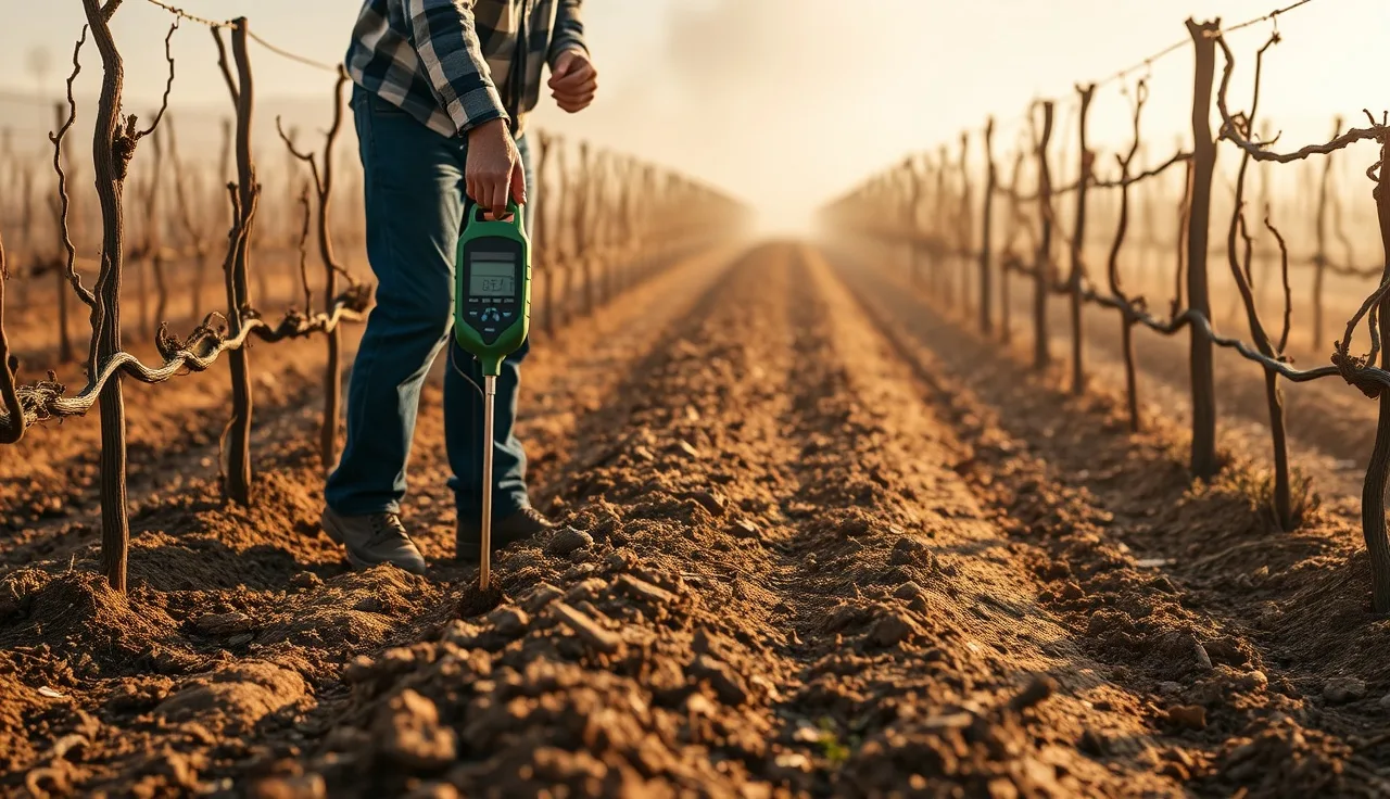 Vineyard worker checking soil temperature between dormant vine rows before herbicide application