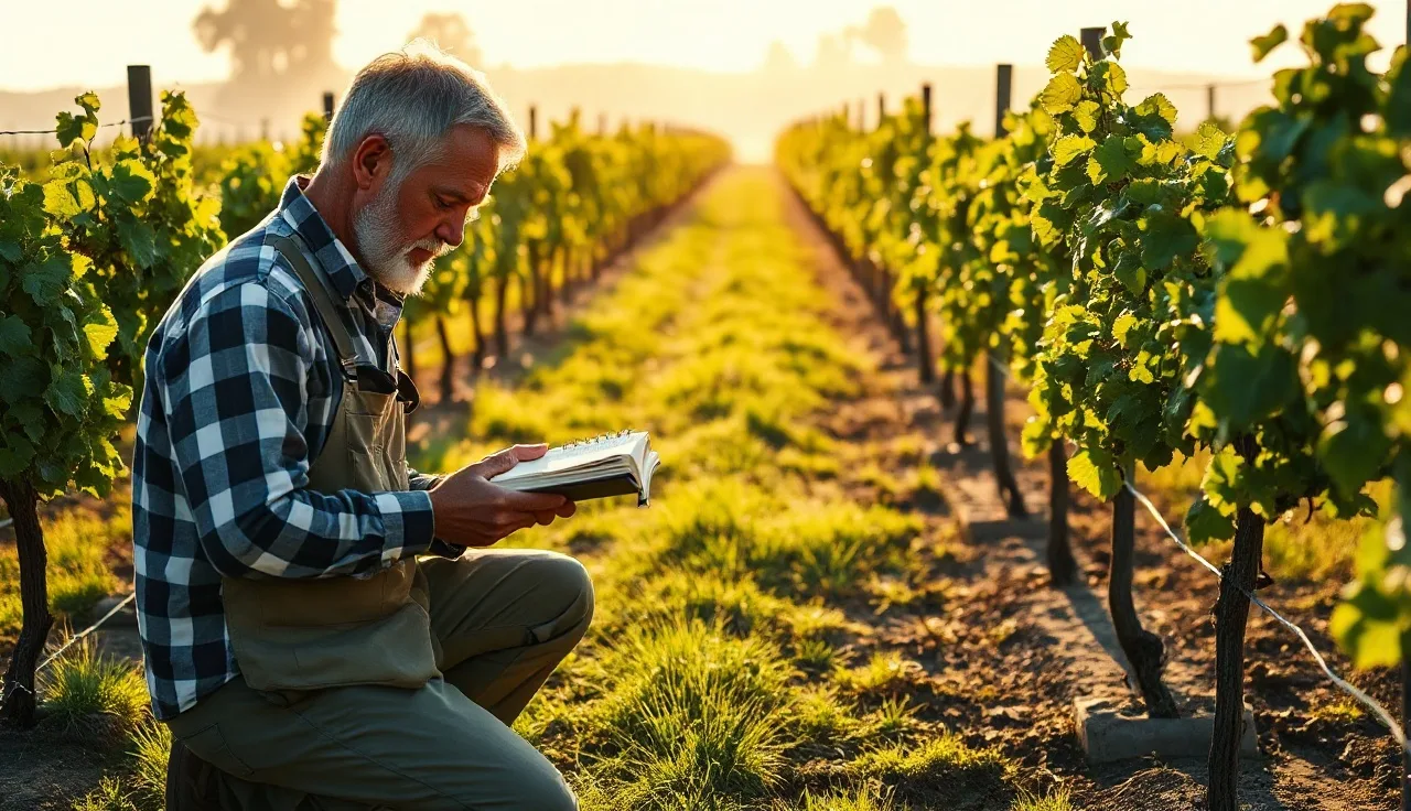 Vineyard manager writing pesticide application notes between vine rows at sunrise