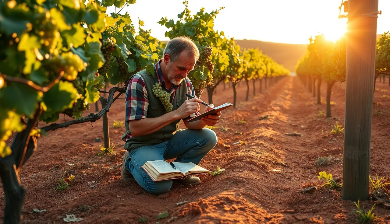 Vineyard worker inspecting wine grape clusters while tracking spray records in field
