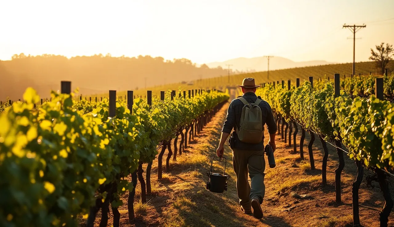 Vineyard worker walking grapevine rows with a field sensor device at sunset