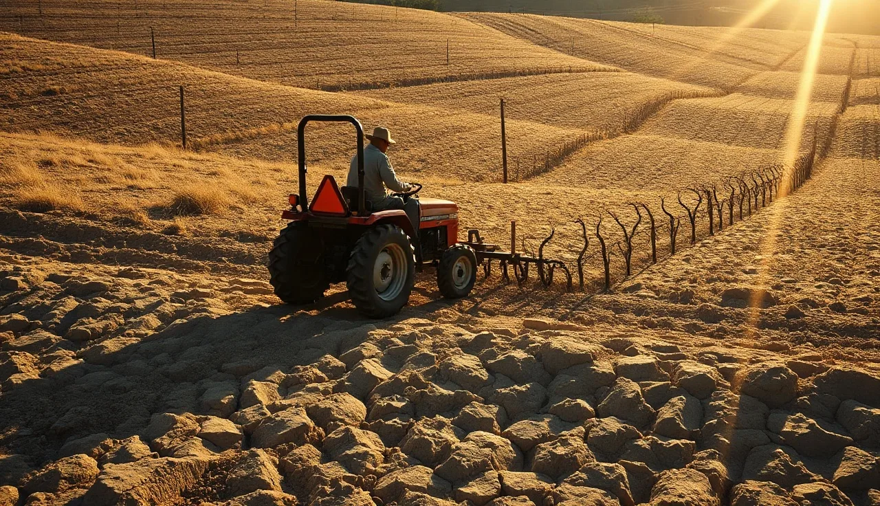 Tractor pulling a subsoil ripper through bare vineyard soil on a hillside