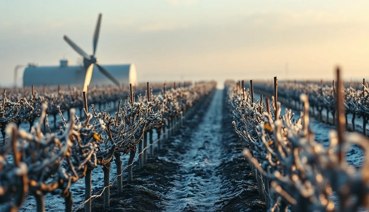 Frost-covered vineyard rows at dawn with a wind machine spinning in the background