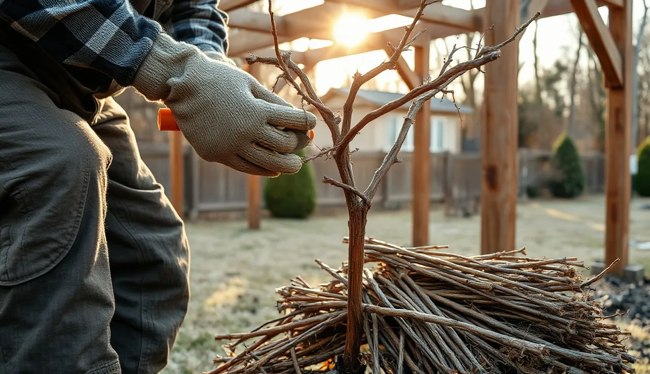 Gardener pruning a dormant grape vine on a wooden backyard arbor in winter