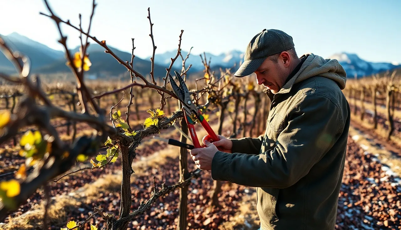 Vineyard worker pruning dormant grape vines in Colorado with Rocky Mountains in background