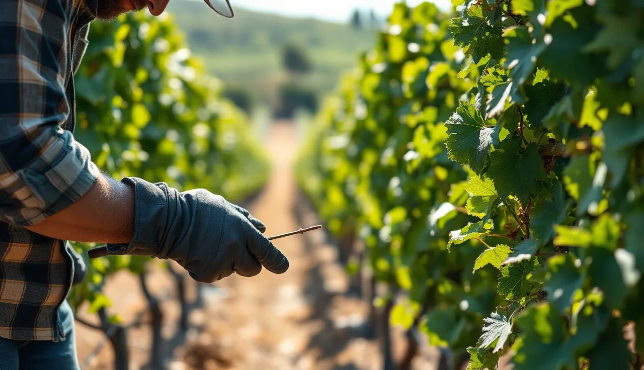 Vineyard worker removing lateral shoots from grapevines during summer growing season